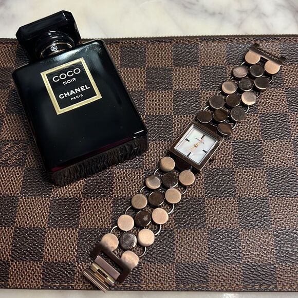 Fossil brown dot chain link watch with mother of pearl face - Picture 2 of 11